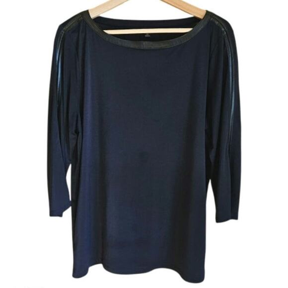 Ann Taylor Blouse Synthetic Black Leather Accents 3/4 Sleeve Navy Women's XLarge - Picture 1 of 6